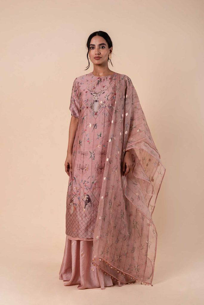 Handwoven Digital Printed Pink Silk Kurta and Palazzo with Dupatta