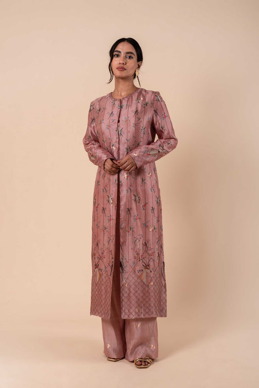 Handwoven Digital Printed Pink Silk Kurta with Pants