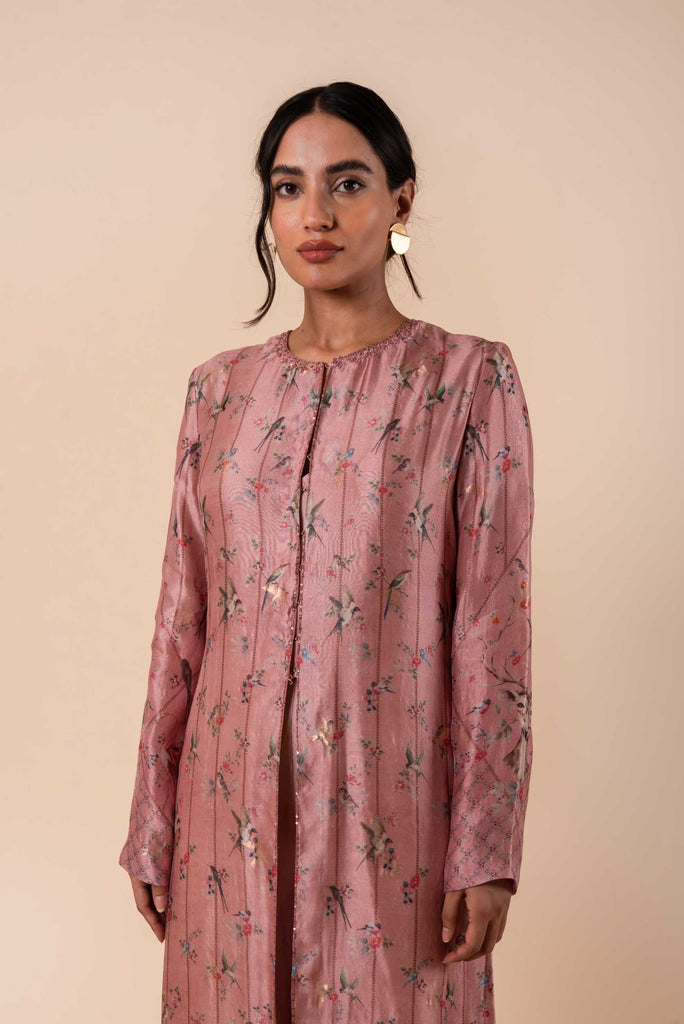 Handwoven Digital Printed Pink Silk Kurta with Pants