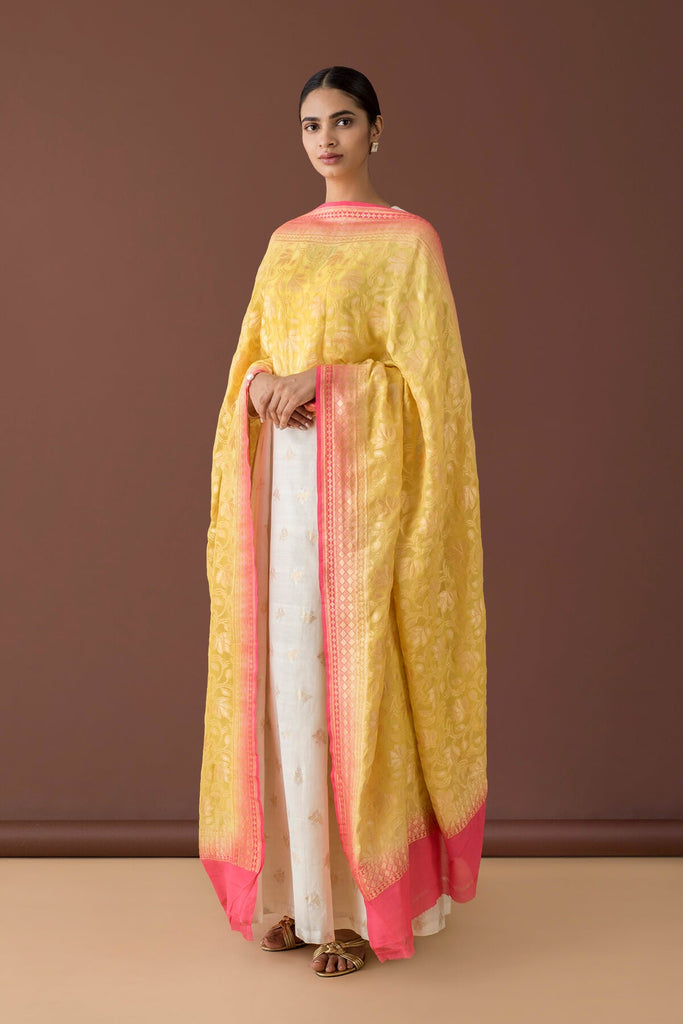 Handwoven Yellow Georgette Dupatta with Orange border