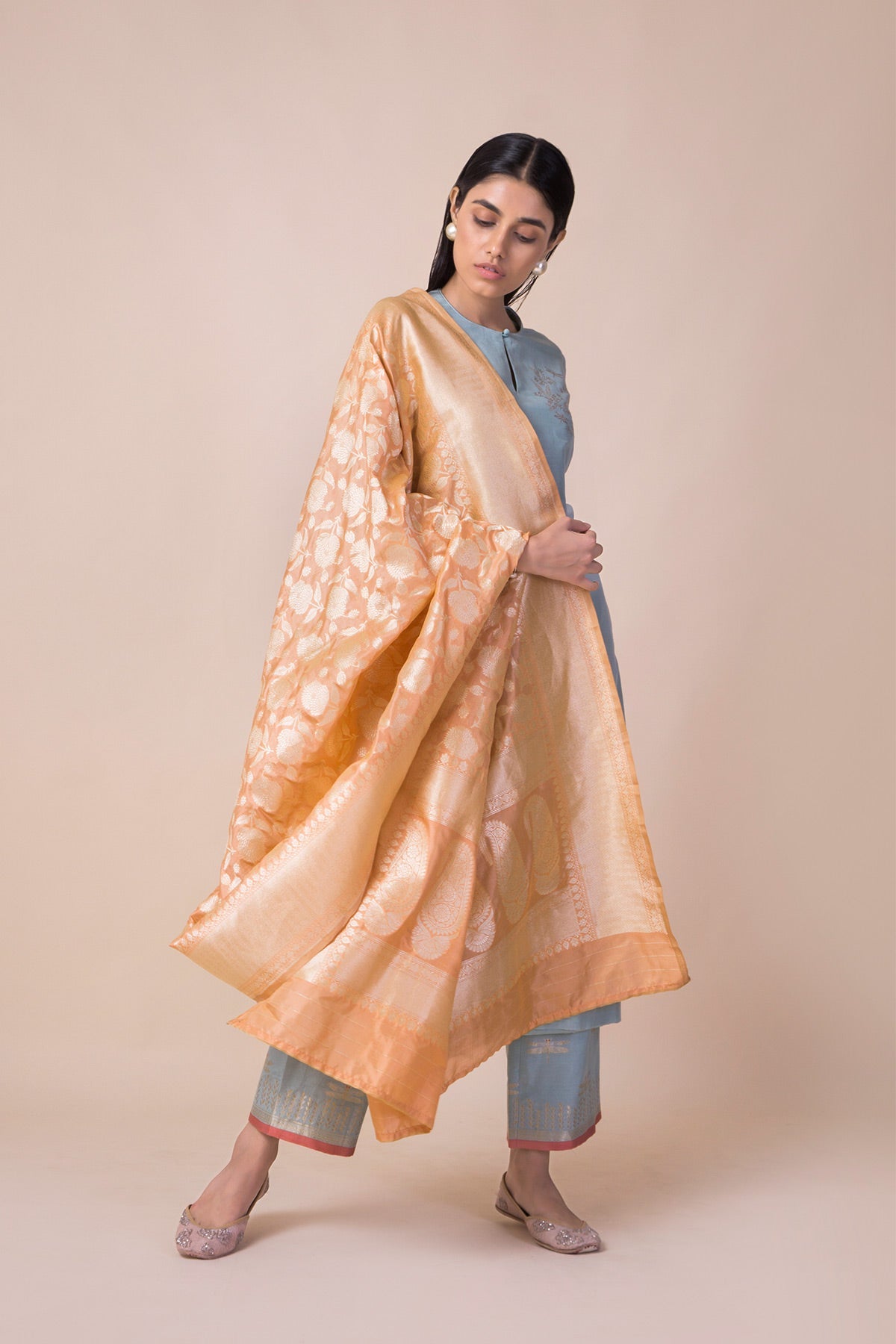 Handwoven Peach Silk Dupatta