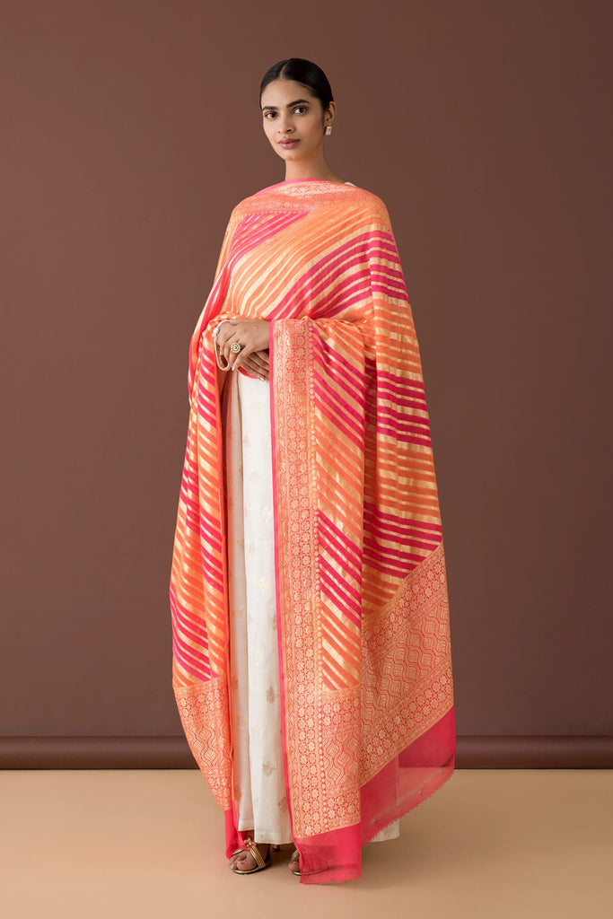 Handwoven Pink and Orange Striped Georgette Dupatta