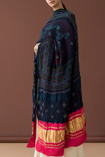 Handwoven Dark Navy Bandhani Dupatta with Red and Zari Border