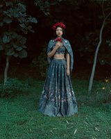 Handwoven Teal Digital Printed Silk Lehenga