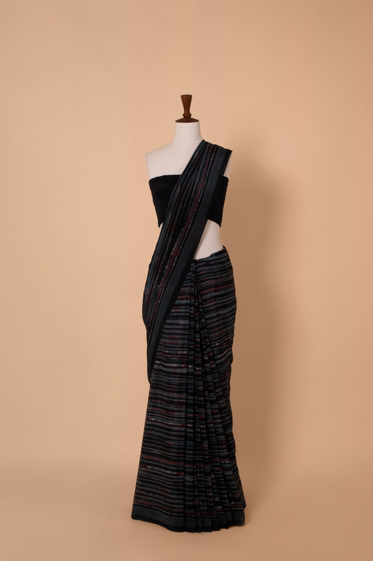 Handwoven Black Digital Print Crepe Sari