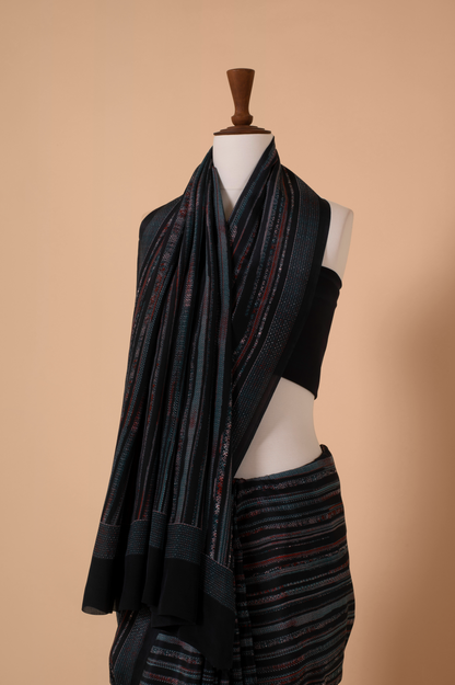 Handwoven Black Digital Print Crepe Sari