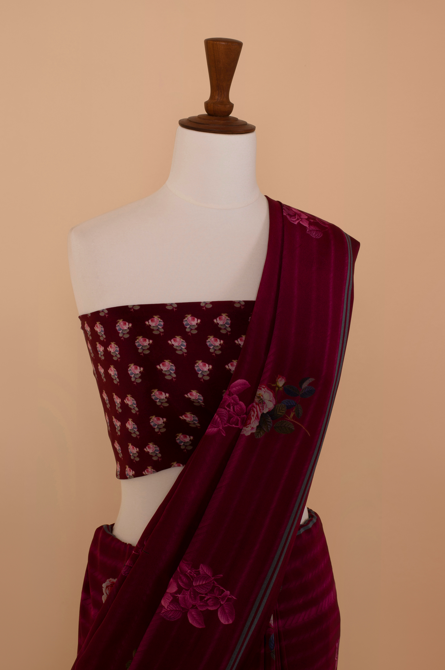 Handwoven Maroon Digital Print Crepe Sari