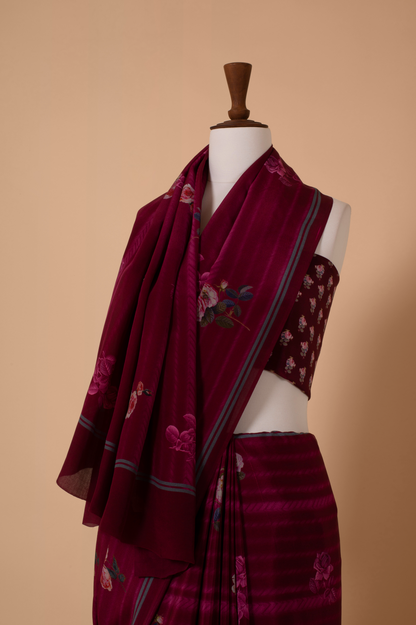 Handwoven Maroon Digital Print Crepe Sari