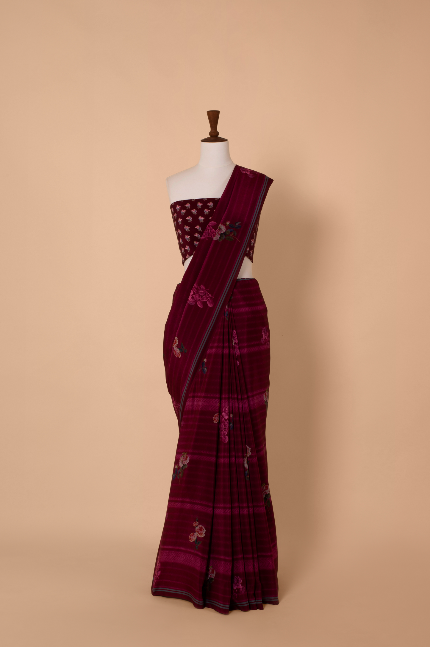 Handwoven Maroon Digital Print Crepe Sari