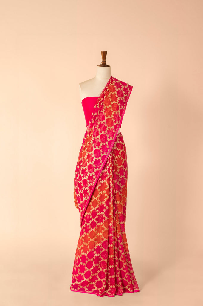 Handwoven Pink Georgette Sari