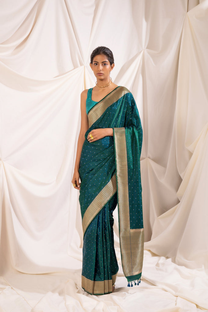 Handwoven Green Satin Silk Sari