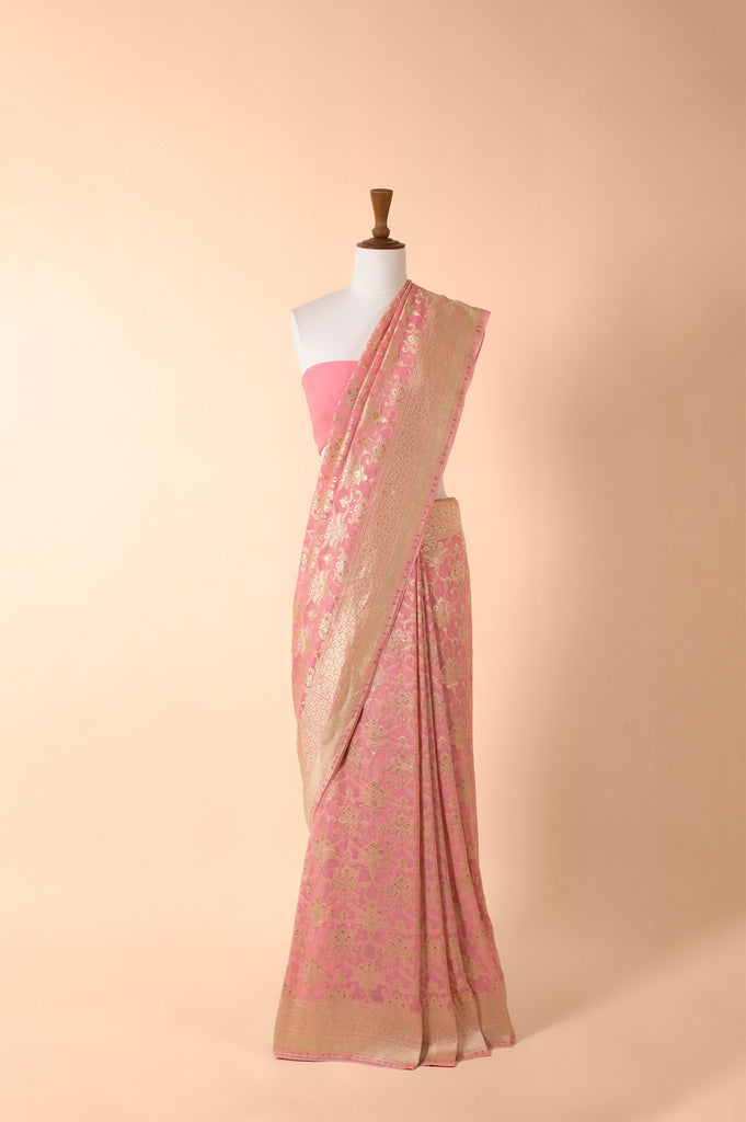 Handwoven Pink Georgette Sari