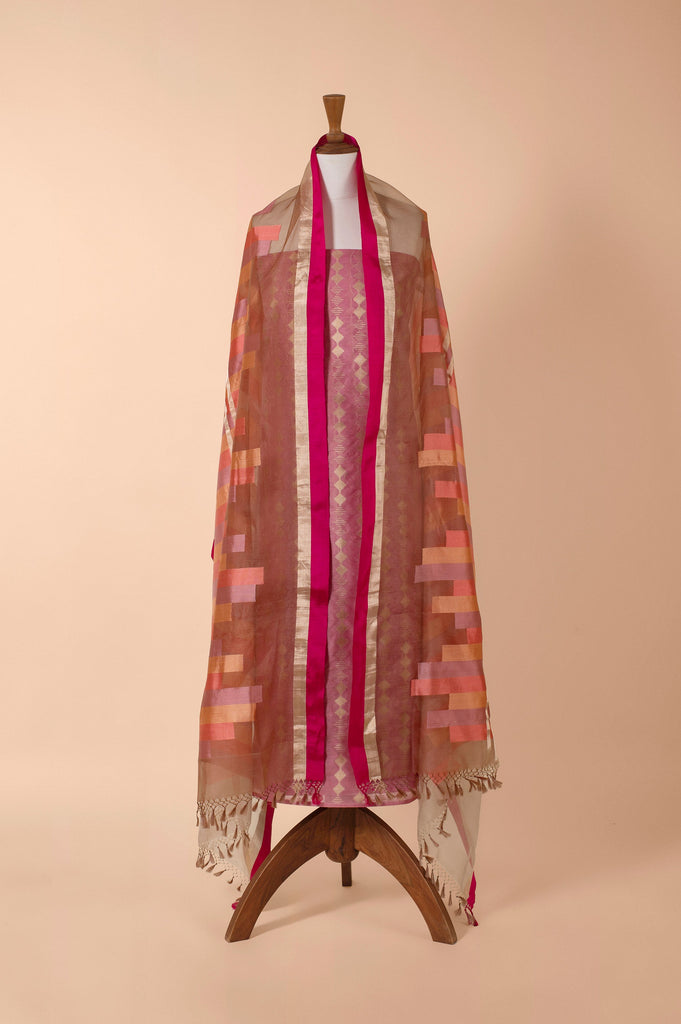 Handwoven Pink and Brown Banarasi Net Suit Piece