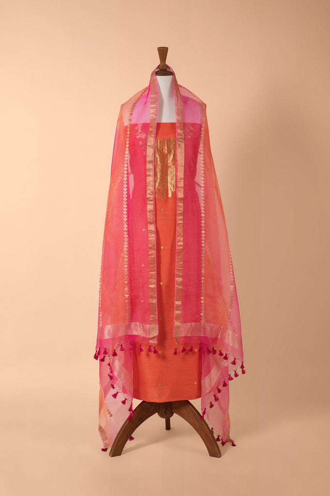 Handwoven Orange and Pink Chanderi Suit Piece