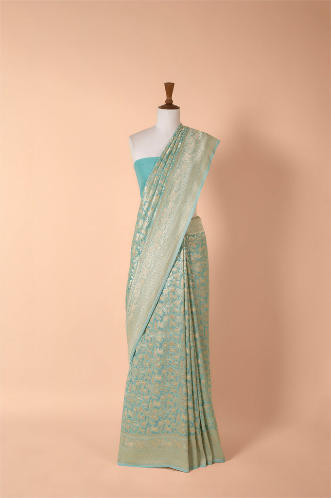 Handwoven Blue Georgette Sari