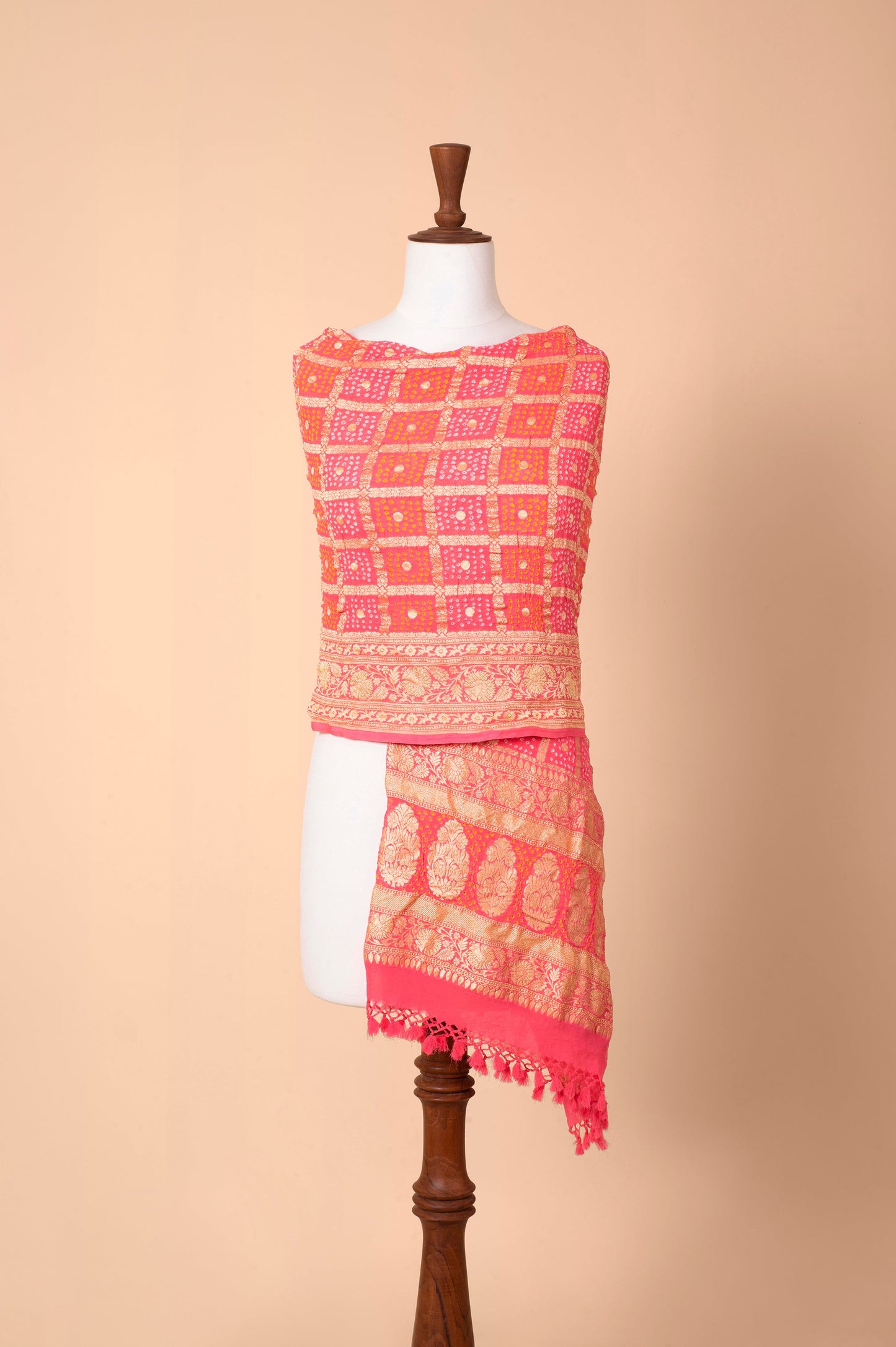 Handwoven Peach Bandhani Dupatta