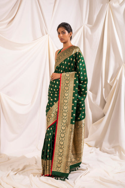 Handwoven Green Satin Silk Sari