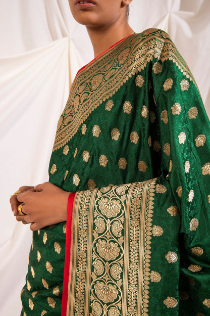 Handwoven Green Satin Silk Sari