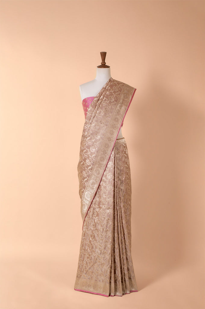 Handwoven Grey Satin Silk Sari