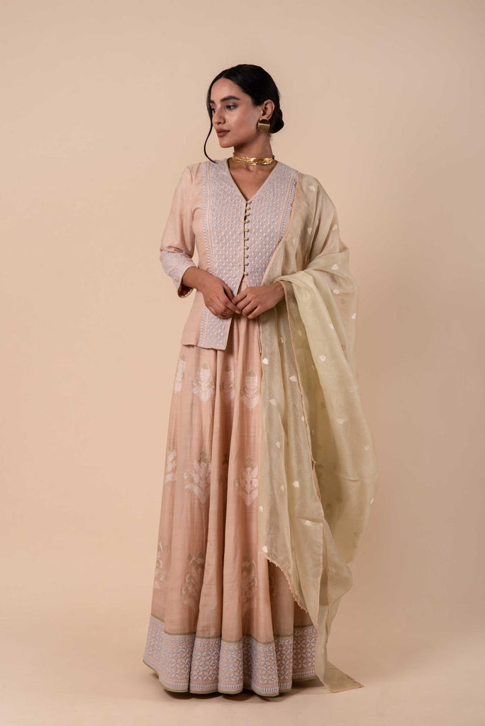 Handwoven Peach Cotton Embroidered Lehanga
