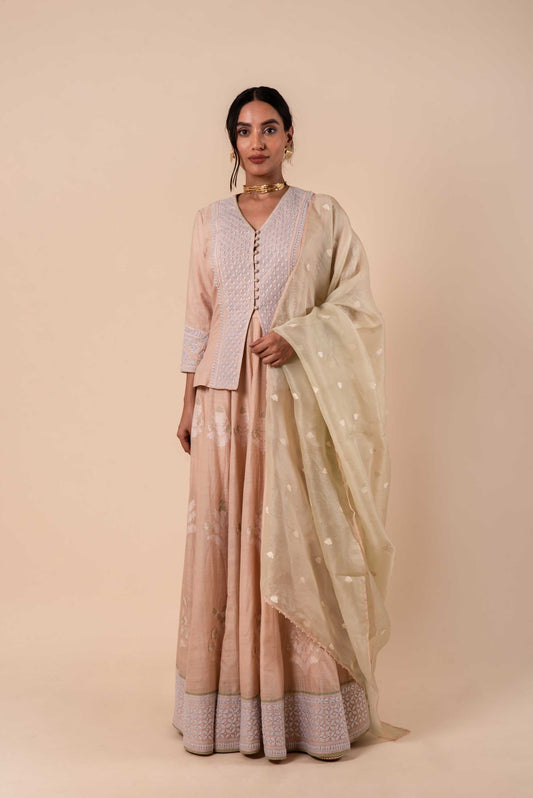 Handwoven Peach Cotton Embroidered Lehanga