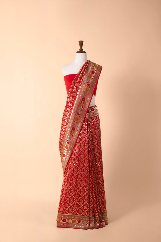 Handwoven Scarlet Red Silk Sari