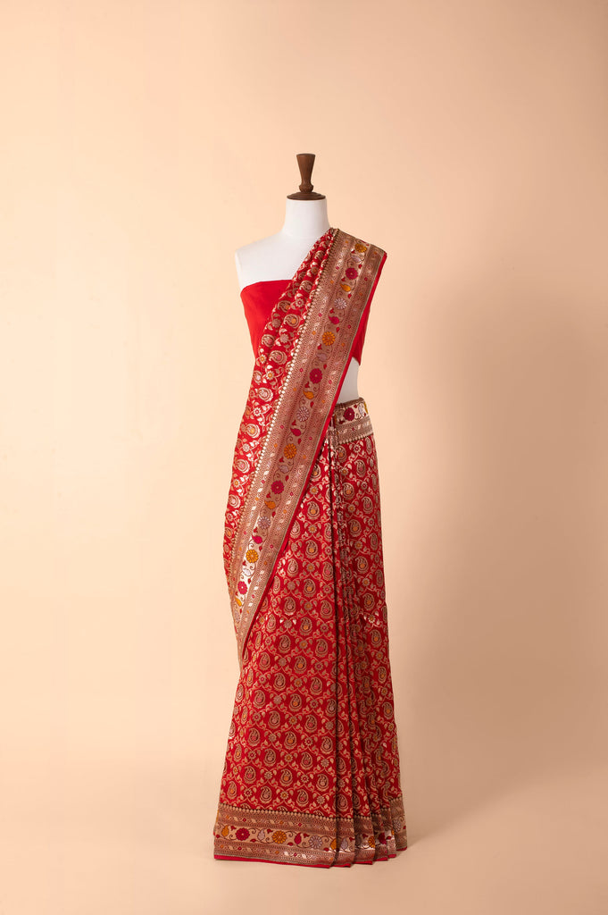 Handwoven Scarlet Red Silk Sari