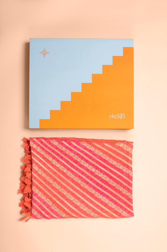 Handwoven Pink and Orange Georgette Dupatta Gift Box
