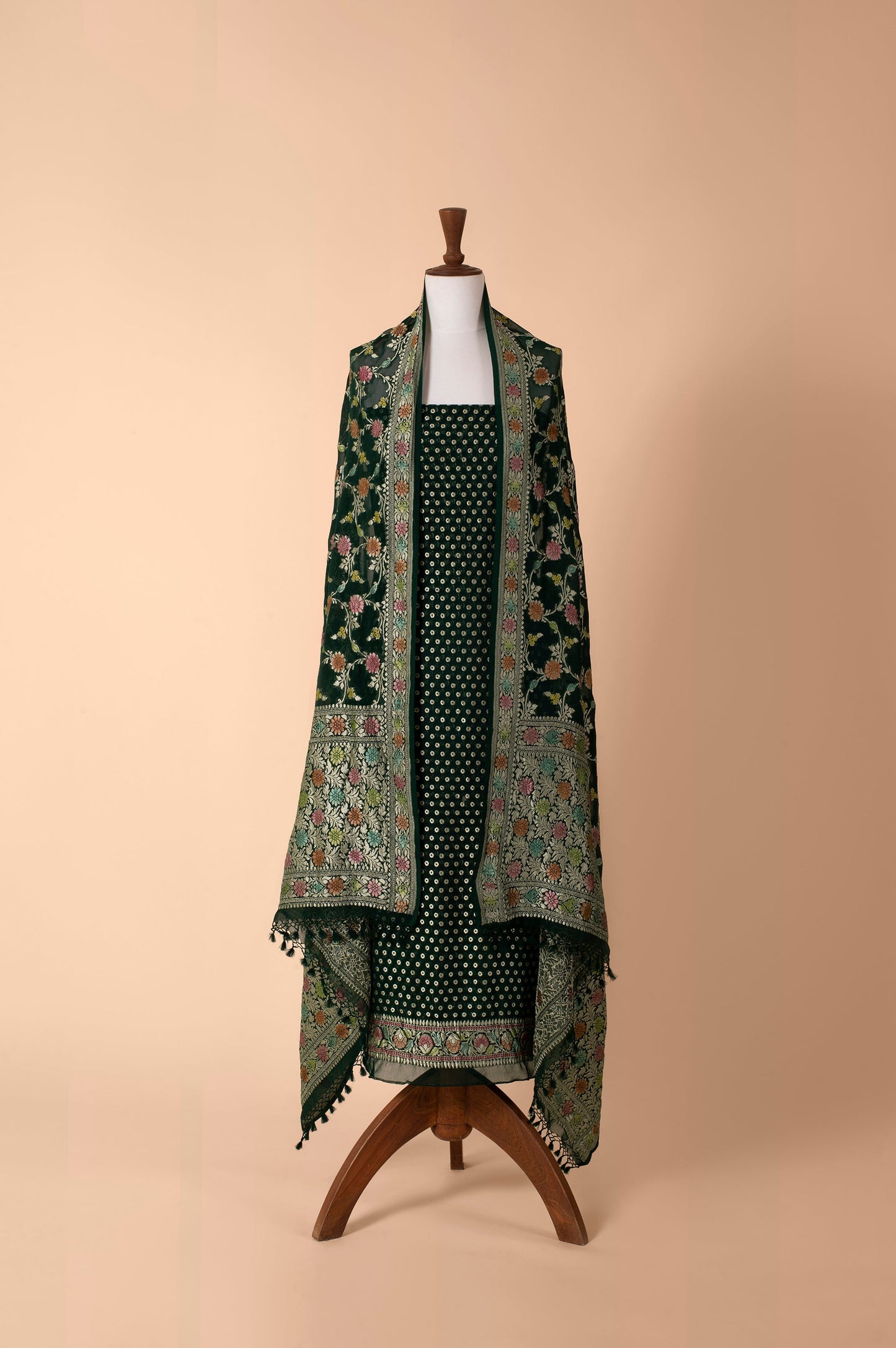 Handwoven Forest Green Georgette Suit Piece