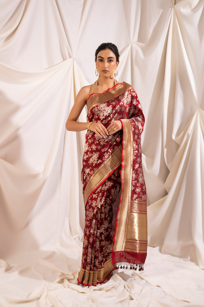 Handwoven Maroon Silk Sari