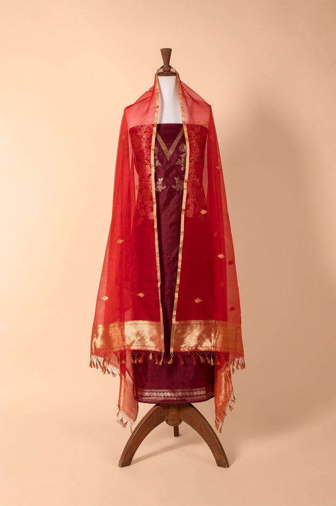 Handwoven Maroon Silk Suit Piece
