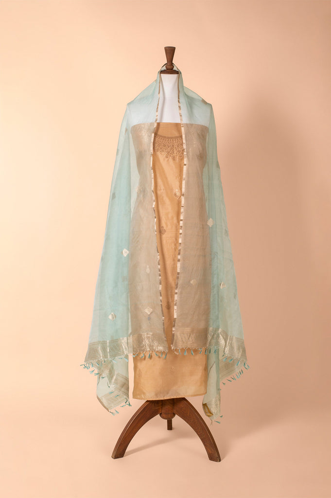 Handwoven Peach and Blue Silk Suit Piece