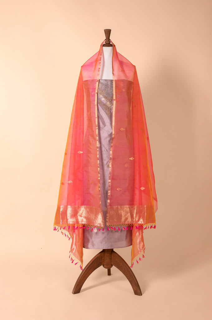 Handwoven Grey and Peach Silk Suit Piece