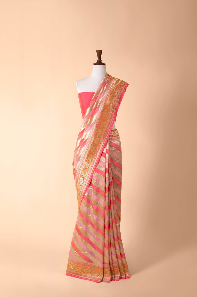 Handwoven Pink Georgette Sari