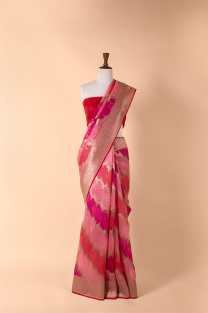 Handwoven Pink Organza Sari