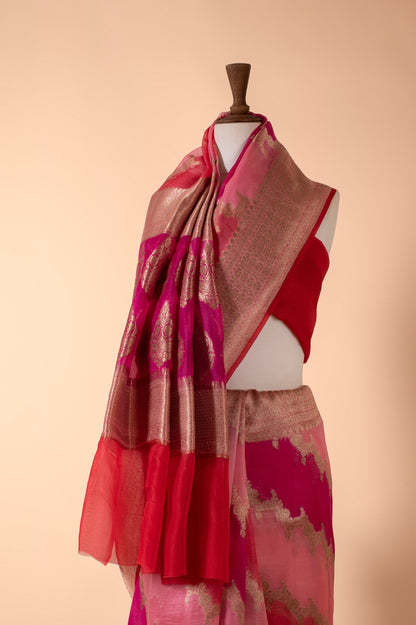 Handwoven Pink Organza Sari