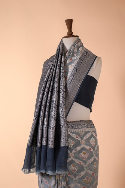 Handwoven Grey Georgette Sari