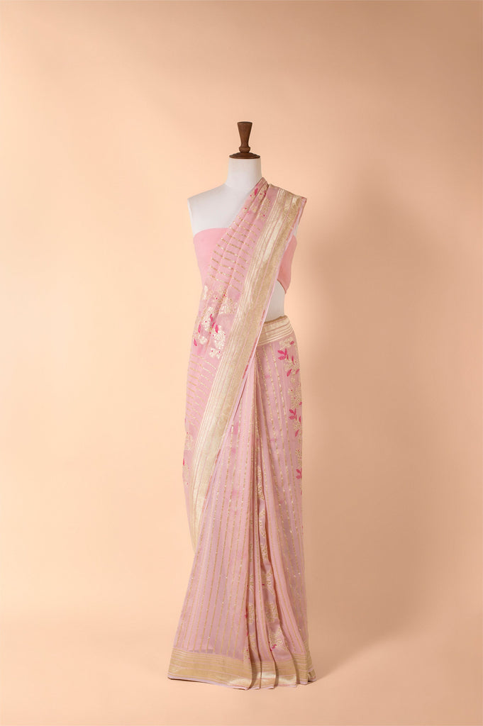 Handwoven Pink Georgette Sari