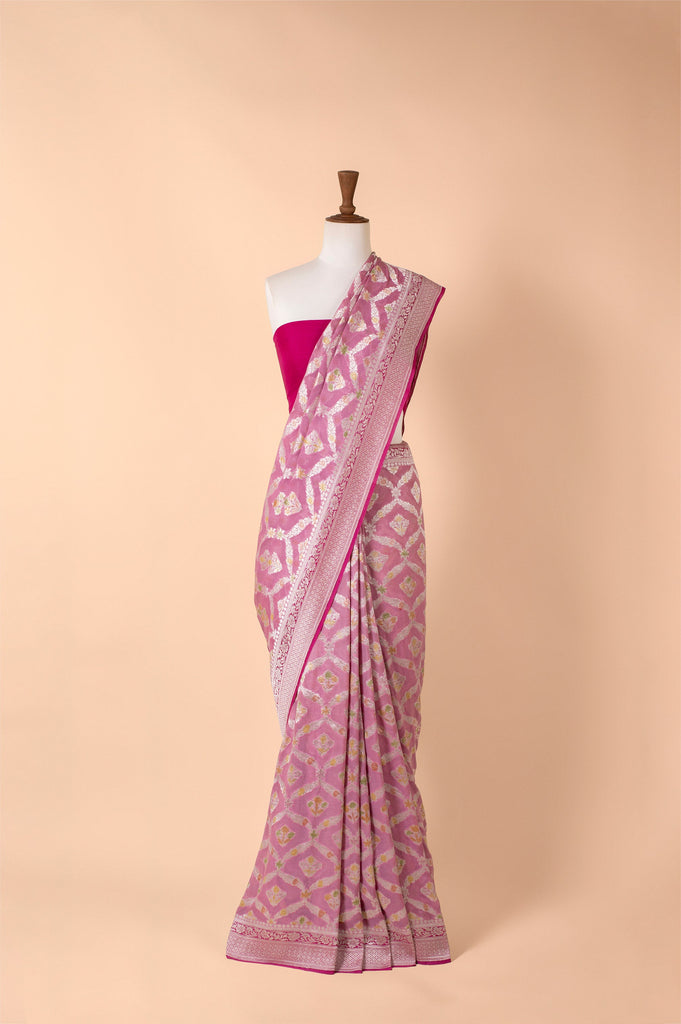 Handwoven Pink Georgette Sari