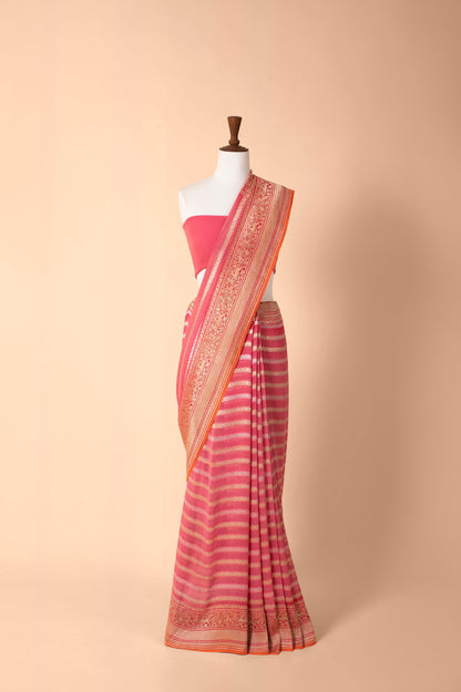 Handwoven Creamy Pink Georgette Sari E