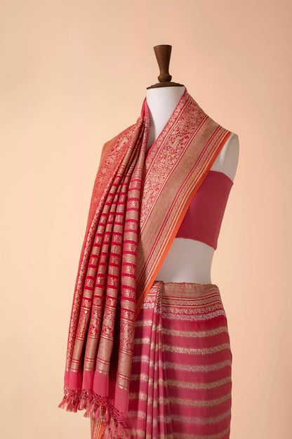 Handwoven Creamy Pink Georgette Sari E