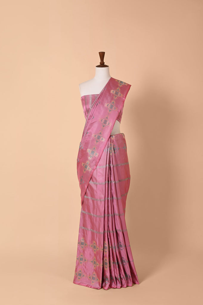 Handwoven French Pink Satin Silk Saree