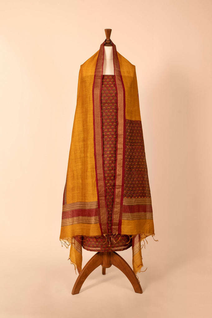 Handwoven Maroon Digital Printed Chanderi Suit Piece