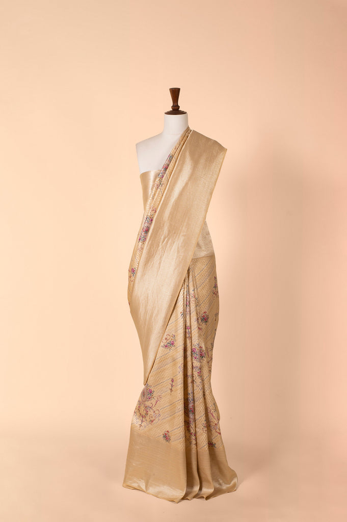 Handwoven Beige Digital Printed Tissue Saree