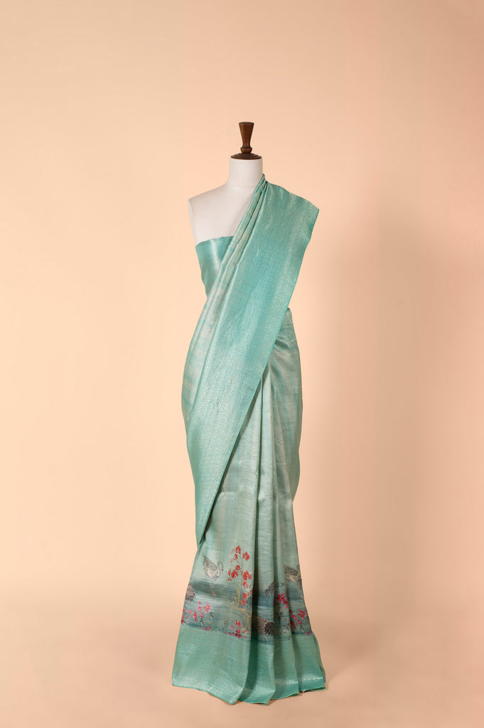 Handwoven Blue Digital Printed Tissue Sari