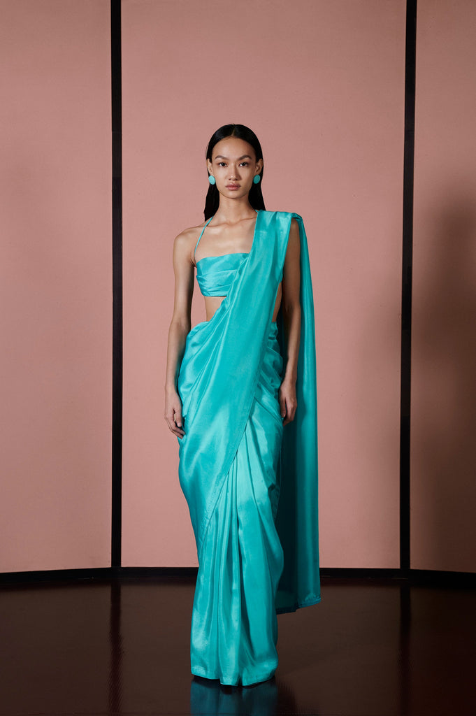 Turquoise Pleated Halter Blouse