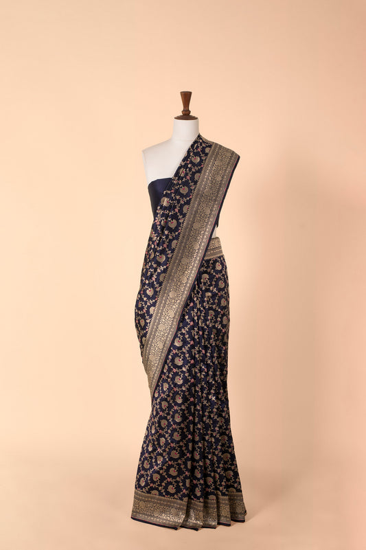 Handwoven Deep Blue Silk Sari