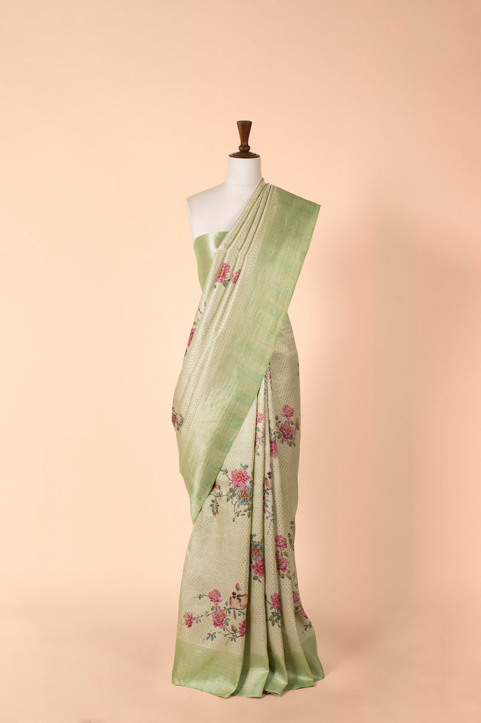 Handwoven Green Digital Printed Tissue Sari