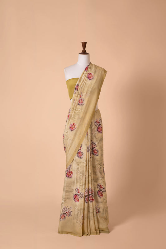 Handwoven Beige Digital Printed Georgette Saree