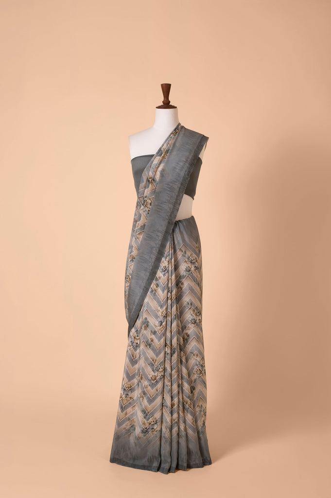 Handwoven Grey Digital Printed Georgette Sari